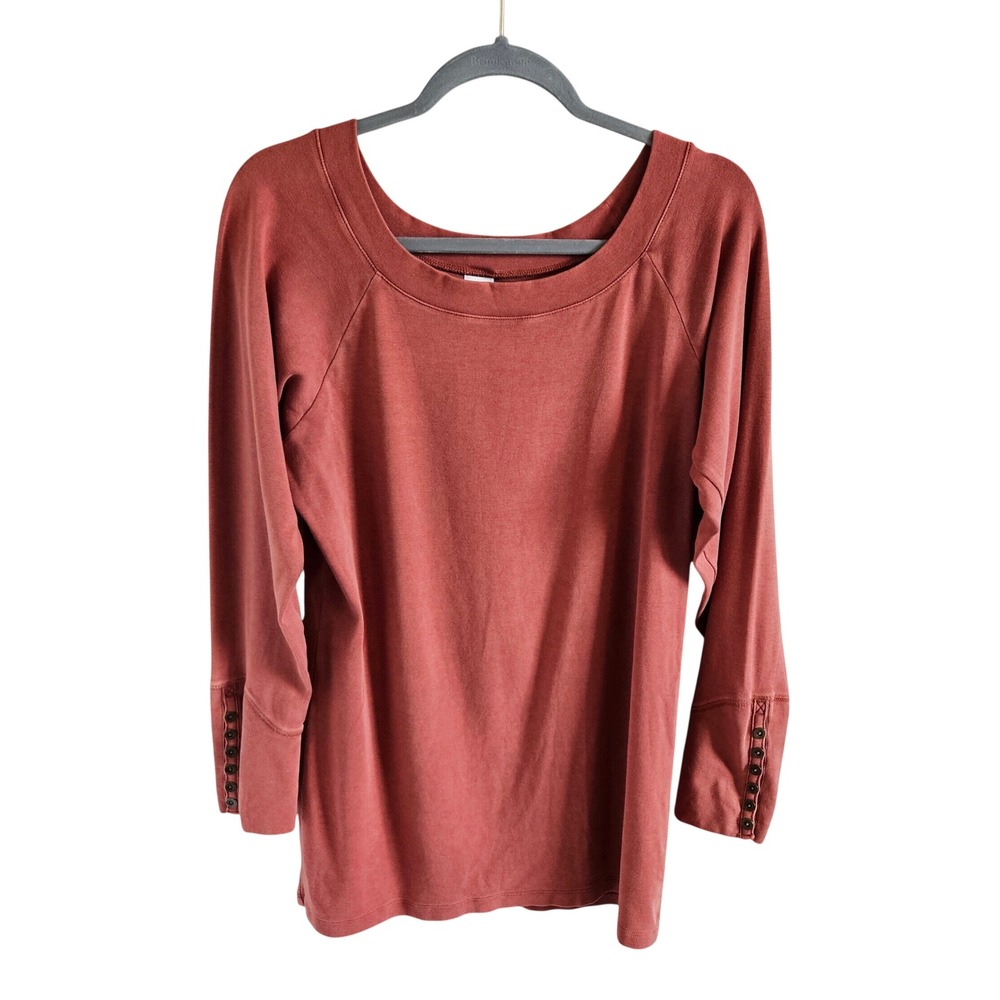 Peruvian Connection Pima Cotton Scoop Neck Button Cuff Top XL Rust Red grunge